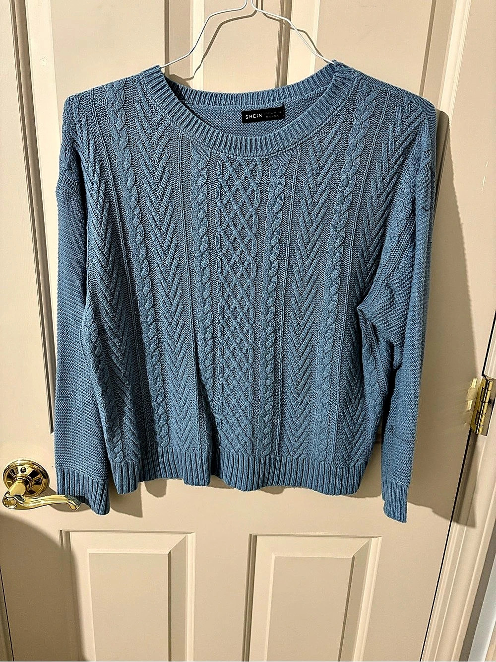 SHEIN Blue Cable Crew Neck Sweater
